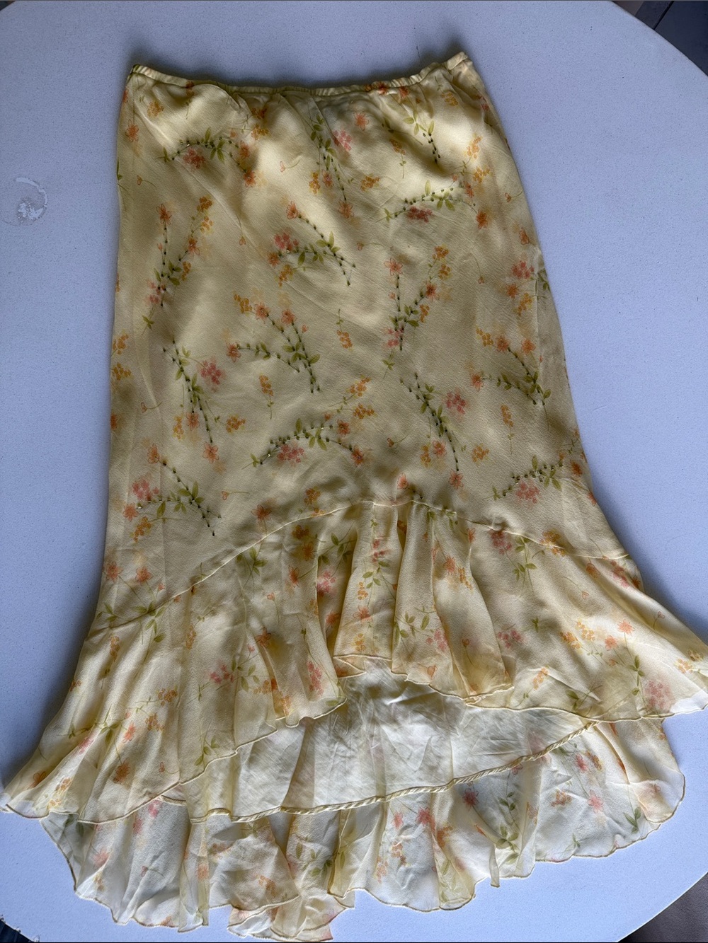 Vintage y2k Silk Beaded Yellow Floral Ruffle Hem Women's Skirt